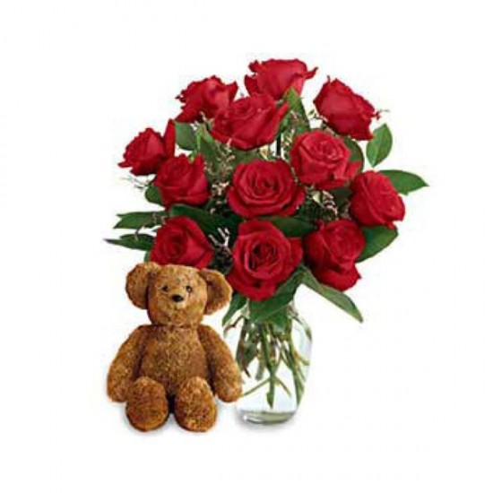 Douze roses et un ourson